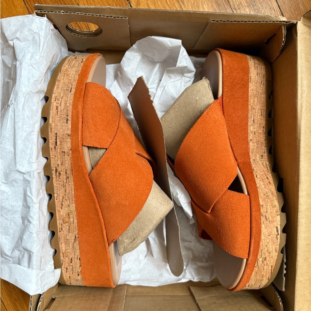 Sorel Orange and Tan cork  Flatform Mules with Crisscross Straps